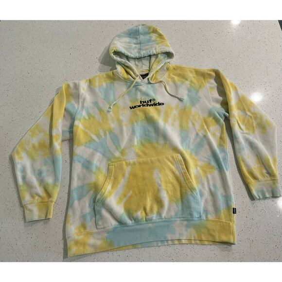 HUF Worldwide Hoodie Adult L Yellow / Blue / White Tie Dye Pullover Sweatshirt - Picture 1 of 6